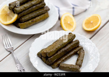 Sarma, gefüllte Weinblätter in einer Platte, die traditionelle türkische Küche Stockfoto