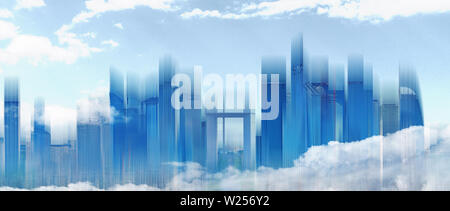 Abstrakte moderne Gebäude Skyline der Stadt mit blauem Himmel und weißen Wolken. Abstrakte Stadt Hintergrund Stockfoto
