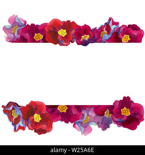 Aquarell von fantastischen Blüten mit rosa und rote Blütenblätter, blaue und violette Schatten, auf weißem Hintergrund Vorlage. Design für Hochzeit Dekor Stockfoto