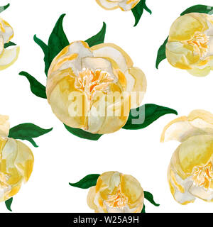 Aquarell hand Gelb japanische Pfingstrosen nahtlose Muster auf weißem Hintergrund dargestellt. Raster Fliese. Design für Hochzeit Dekor, Grußkarte, Stockfoto