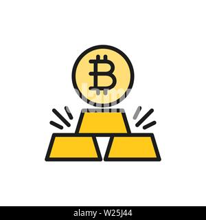 Gold Bars mit bitcoin, cryptocurrency flachen Farbe Symbol. Stock Vektor