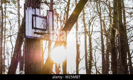 Alte kaputte rostiges Metall basketball Board im Sonnenuntergang Stockfoto