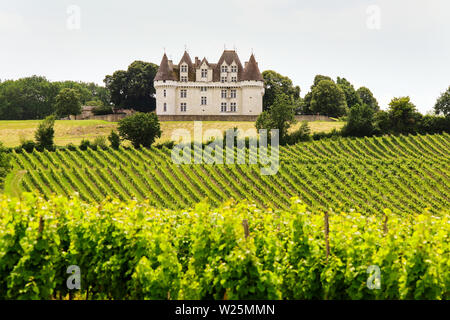 Chateau de Monbazillac mit Blick auf das Tal der Dordogne, Nouvelle-Aquitaine, Frankreich. Stockfoto