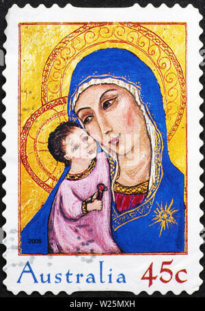 Madonna mit Jesus Kind auf australischen Briefmarke Stockfoto