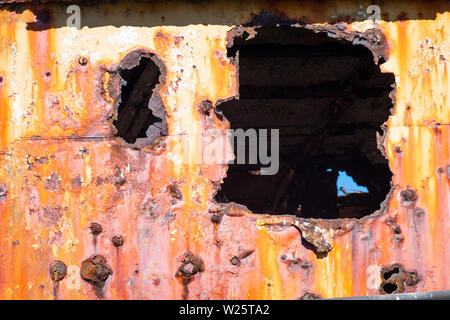 Nichtrostendem Stahl auf Fischerboot, White Rock, Wairarapa, North Island, Neuseeland Stockfoto