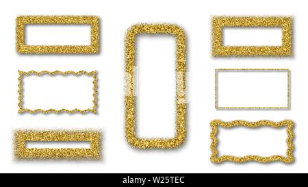 Gold Glitzer Rahmen mit milden Schatten isoliert auf weißem Hintergrund. Abstrakte glänzende Textur rechteckigen Rand. Set Vector Illustration, Eps 10. Stock Vektor