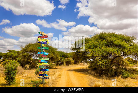 Lustig andere Welt Richtungen Wegweiser mit Abstand zu vielen verschiedenen Ländern Stockfoto