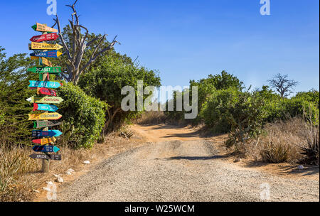Lustig andere Welt Richtungen Wegweiser mit Abstand zu vielen verschiedenen Ländern Stockfoto
