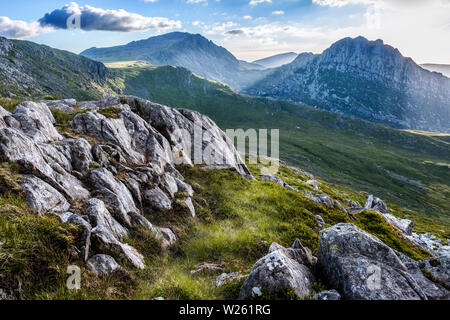 Abendlicht auf Tryfan Berg in Snowdonia, North Wales, UK Stockfoto