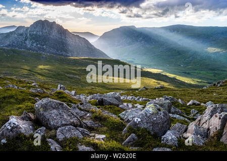 Abendlicht auf Tryfan Berg in Snowdonia, North Wales, UK Stockfoto