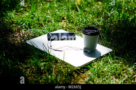Sommer vibes. Entspannen. Laptop mit Headset für Mobiltelefon und Kaffee auf grünem Gras zu gehen. agiles Unternehmen. Online Studie. Studenten leben. Online shopping. Arbeitsplatz outdoor. Kostenlose Musik. Stockfoto