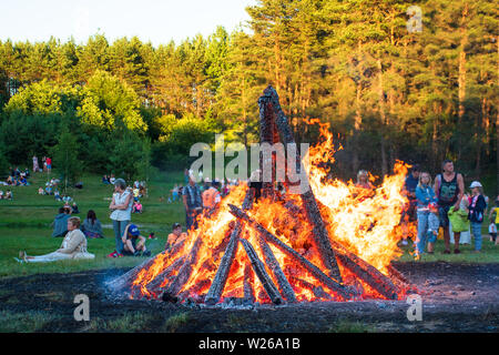 Menschen rund um ein Lagerfeuer im Wald oder Park Stockfoto