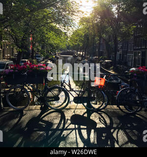 Die Sonne geht auf eine Stadt Amsterdam Canal, Casting Shadows von geparkten Fahrräder im Jordaan Viertel. Stockfoto