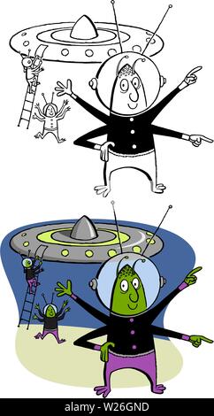 Eine Karikatur der kleine grüne außerirdische Männer und Ihre fliegende Untertasse. Stock Vektor