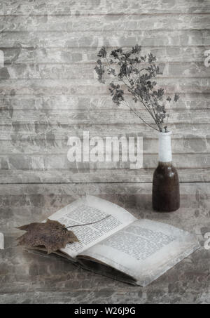 Stillleben mit Buch, Blatt und Blüte auf grau-braunen Hintergrund gefertigt. Stockfoto