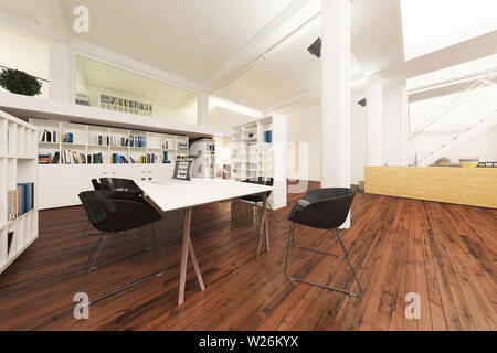 Gerenderten 3D-open office Raum mit Holzboden, hohen Decken Stockfoto