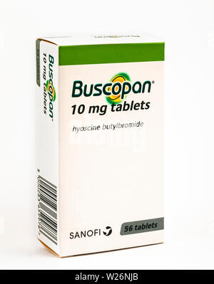 Buscopan verwendet IBS und Magenkrämpfe zu entlasten. Die aktive ingrediant ist hyoscine butylbromide. Stockfoto