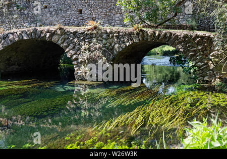 Garten von Ninfa; Italienisch Naturdenkmal; Macello . Brücke; Fluß Ninfa, fließendes Wasser, mittelalterliche Ruinen; ruhig; Provinz Latina; Italien; Europa; spri Stockfoto