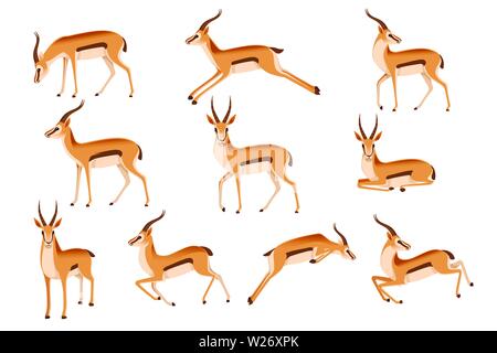 Einstellen der afrikanischen wilden schwarzen-tailed Gazelle mit langen Hörnern cartoon Animal design Flachbild Vector Illustration auf weißem Hintergrund Seitenansicht Antilopen. Stock Vektor