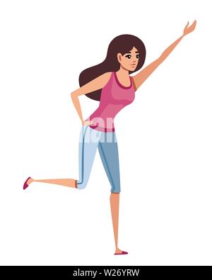 Glückliche Frau in Freizeitkleidung mit erhobenen Armen Cartoon Character Design flachbild Vector Illustration auf weißem Hintergrund. Stock Vektor