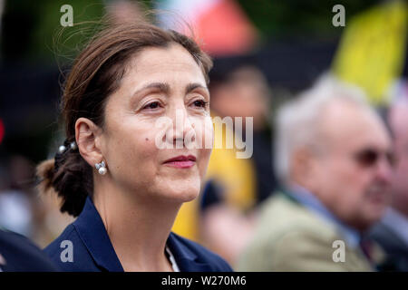 Berlin, Deutschland. 06 Juli, 2019. Íngrid Betancourt, ehemalige kolumbianische Präsidentschaftskandidatin und FARC-Geisel, sitzt am Brandenburger Tor auf einer Kundgebung für den Aufstand und Widerstand der iranischen Bürger. Der Nationale Widerstand des Iran (NWRI) hat für die Rallye genannt. Credit: Christoph Soeder/dpa/Alamy leben Nachrichten Stockfoto