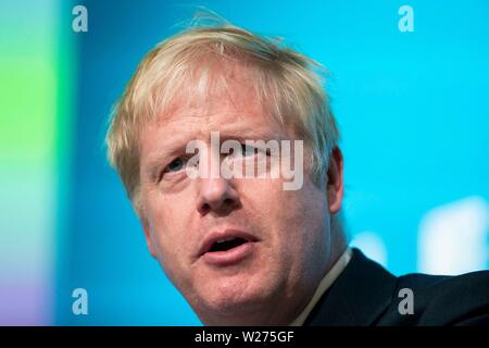 Cardiff, Wales, UK. 06 Juli, 2019. Cardiff, Wales, UK. 6. Juli 2019. Boris Johnson während des Wales Hustings der Konservativen Parteiführung Wahl beim All Nations. Credit: Mark Hawkins/Alamy leben Nachrichten Stockfoto