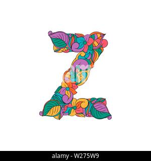 Bunte, mit Blumenmustern Zierpflanzen Alphabet, Anfangsbuchstabe Z Font. Vektor Typografie Symbol. Buntes Plakat für Erwachsene. Isolierte Ornament Design für Bucheinbände Stock Vektor