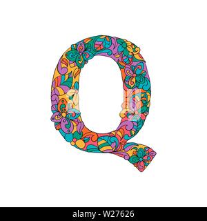 Bunte, mit Blumenmustern Zierpflanzen Alphabet, Anfangsbuchstabe Q Font. Vektor Typografie Symbol. Buntes Plakat für Erwachsene. Isolierte Ornament Design für Bucheinbände Stock Vektor