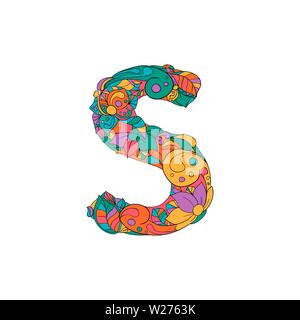 Bunte, mit Blumenmustern Zierpflanzen Alphabet, Anfangsbuchstabe S Font. Vektor Typografie Symbol. Buntes Plakat für Erwachsene. Isolierte Ornament Design für Bucheinbände Stock Vektor