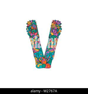 Bunte, mit Blumenmustern Zierpflanzen Alphabet, Anfangsbuchstabe V Font. Vektor Typografie Symbol. Buntes Plakat für Erwachsene. Isolierte Ornament Design für Bucheinbände Stock Vektor