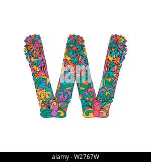 Bunte, mit Blumenmustern Zierpflanzen Alphabet, Anfangsbuchstabe W Font. Vektor Typografie Symbol. Buntes Plakat für Erwachsene. Isolierte Ornament Design für Bucheinbände Stock Vektor