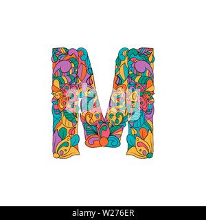 Bunte, mit Blumenmustern Zierpflanzen Alphabet, Anfangsbuchstabe M Font. Vektor Typografie Symbol. Buntes Plakat für Erwachsene. Isolierte Ornament Design für Bucheinbände Stock Vektor
