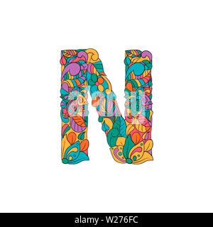 Bunte, mit Blumenmustern Zierpflanzen Alphabet, Anfangsbuchstabe N Font. Vektor Typografie Symbol. Buntes Plakat für Erwachsene. Isolierte Ornament Design für Bucheinbände Stock Vektor