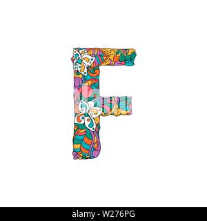Bunte, mit Blumenmustern Zierpflanzen Alphabet, Anfangsbuchstabe F Font. Vektor Typografie Symbol. Buntes Plakat für Erwachsene. Isolierte Ornament Design für Bucheinbände Stock Vektor