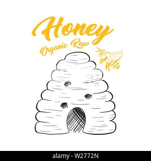 Honig Skizze Bienenstock isoliert Vector Illustration für Logo oder ein Poster mit Wasp und Beschriftung Stock Vektor