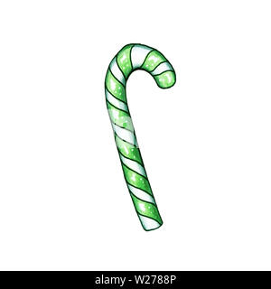 Weihnachten oder Neujahr green Candy Cane isoliert Abbildung. Freehand Süßigkeiten essen Dekor für Winterurlaub auf weißem Hintergrund Stockfoto