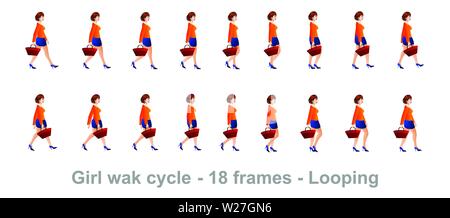 Girl Walk Cycle Animation Sprites, Loop Animation Sprite Sheet Vector Stock Vektor