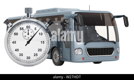 Bus mit Stoppuhr, buchen Konzept. 3D-Rendering auf weißem Hintergrund Stockfoto