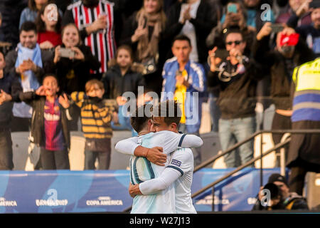 6. Juli 2019, Arena Korinther Stadion, Sao Paulo, Brasilien; Copa America international Fußball, 3.-4. Endspiel Finale, Argentinien gegen Chile; Paulo Dybala von Argentinien feiert sein Ziel für 2-0 in Minute 22 des Spiels Stockfoto