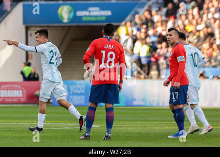 6. Juli 2019, Arena Korinther Stadion, Sao Paulo, Brasilien; Copa America international Fußball, 3.-4. Endspiel Finale, Argentinien gegen Chile; Paulo Dybala von Argentinien feiert sein Ziel für 2-0 in Minute 22 des Spiels Stockfoto
