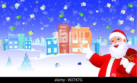 Weihnachtsmann wünscht fröhliche Weihnachten im städtischen Hintergrund Stock Vektor
