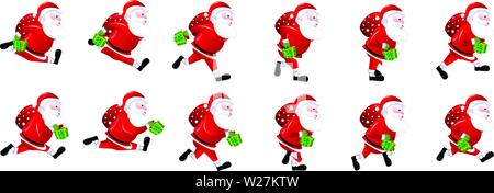 Weihnachtsmann Laufzyklus mit Geschenktasche, Loop Animation Sprite Sheet Vector Stock Vektor