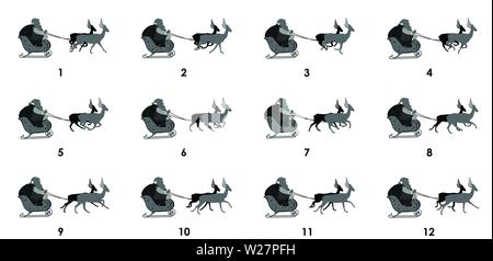 Santa Sleigh mit Reinem Rehe RUN Cycle Animation Sequenz, Loop Animation Sprite Sheet Stock Vektor