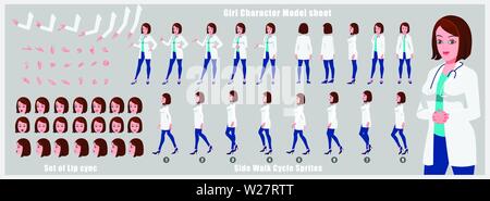 Modellblatt für weibliche Arztcharaktere mit Animationssequenz für den Laufzyklus Stock Vektor