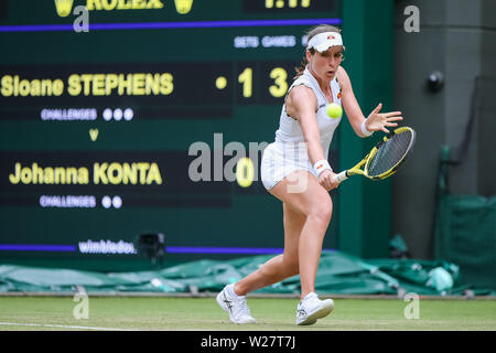 Wimbledon, London, UK. 6. Juli, 2019. Johanna Konta Großbritannien während der Frauen singles dritte Runde der Wimbledon Lawn Tennis Championships gegen Sloane Stephens der Vereinigten Staaten bei den All England Lawn Tennis und Croquet Club in London, England am 6. Juli 2019. Quelle: LBA/Alamy leben Nachrichten Stockfoto