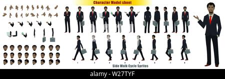 Modellblatt mit afrikanischen Kaufmannszeichen und Animationssequenz für den Laufzyklus Stock Vektor