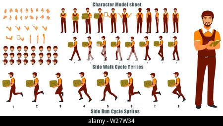 Modellblatt mit dem Charakter "Courier Person" mit "Gehzyklus" und "Zyklus ausführen"-Animationssequenz Stock Vektor