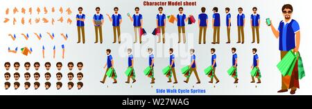 Shopping man Character Model Sheet mit Walk Cycle Animation Sequence Stock Vektor