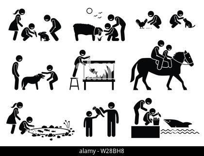 Menschen Fütterung und Umgang mit Haustieren. Stick Abbildung Abbildungen zeigen Kinder füttern Kaninchen, Schafe, Geflügel, Fisch, und Delphin. Th Stock Vektor