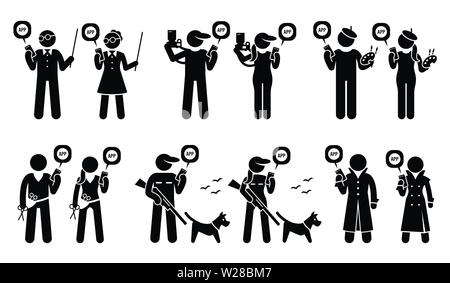 Menschen aus verschiedenen Berufen und Jobs mit mobile App für ihre Werke. Vektorgrafiken stellt Lehrer, Fotograf, Maler, Künstler, Hairstylist Stock Vektor